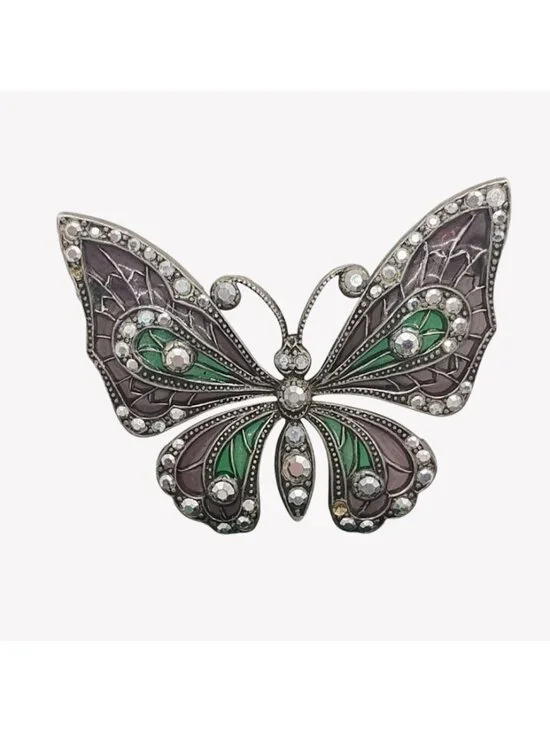 Vtg Plique a Jour Enamel & Marcasite Butterfly Brooch Pin Green Lavender - READ - Picture 3 of 8